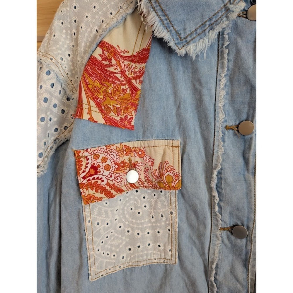New Pol Denim Shacket Womens Top L Distressed Patchwork Indie Boho Anthropologie - Picture 5 of 11